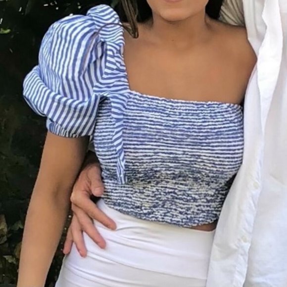 ZARA Blue White Nautical Stripe Shirred Puff Sleeve One Shoulder Crop Top NWT - Picture 3 of 8